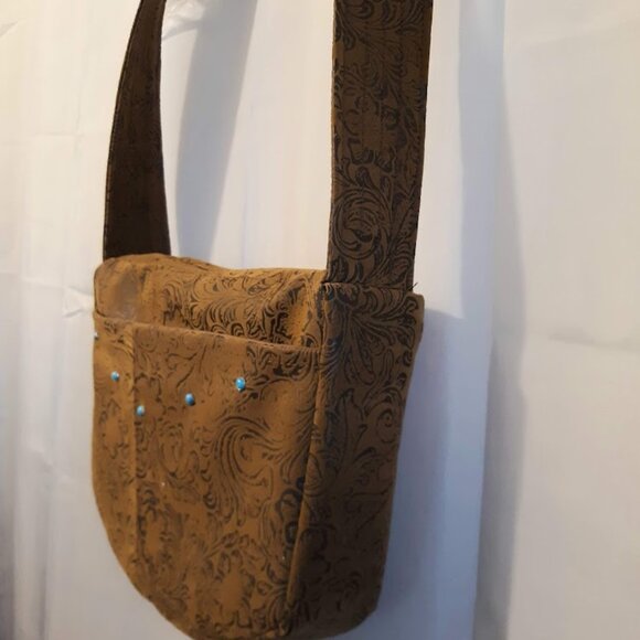 NEW Western Tooled Floral Faux Leather Satchel Shoulder Bag Rich Brown Turquoise - Picture 5 of 11